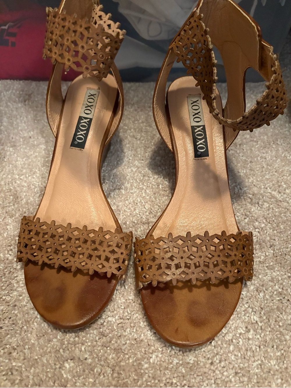 XOXO Women's Brown Laser-Cut Ankle Strap Sandals